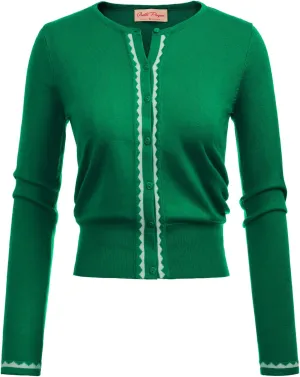 Women's Cardigan Sweater Color Block Long Sleeve Crew Neck Knit Cardigan Trendy Cropped Cardigan Shrug
