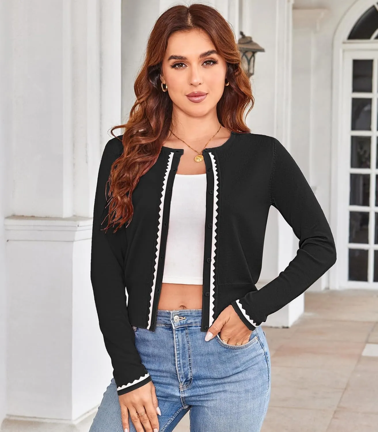 Women's Cardigan Sweater Color Block Long Sleeve Crew Neck Knit Cardigan Trendy Cropped Cardigan Shrug