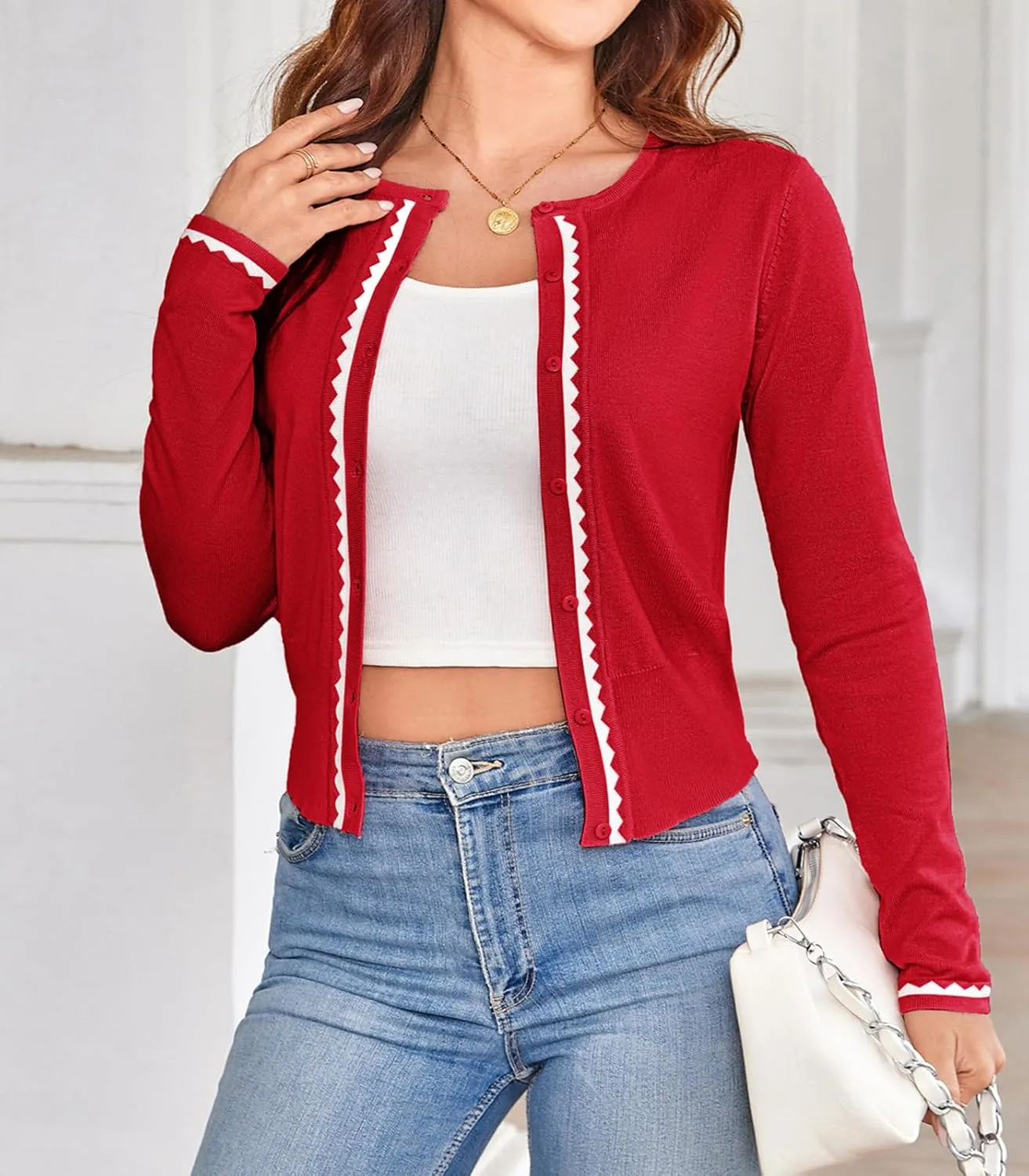 Women's Cardigan Sweater Color Block Long Sleeve Crew Neck Knit Cardigan Trendy Cropped Cardigan Shrug