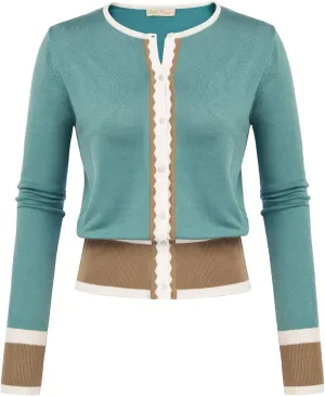 Women's Cardigan Sweater Color Block Long Sleeve Crew Neck Knit Cardigan Trendy Cropped Cardigan Shrug