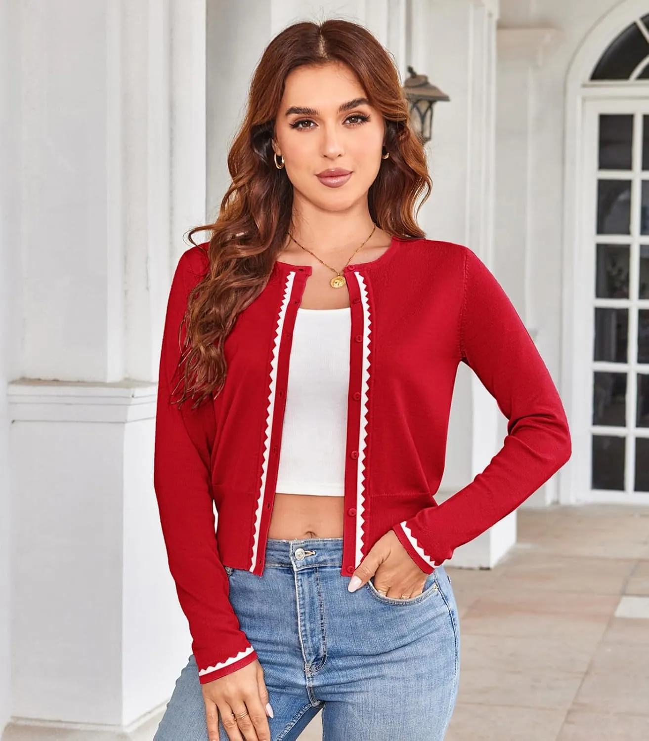 Women's Cardigan Sweater Color Block Long Sleeve Crew Neck Knit Cardigan Trendy Cropped Cardigan Shrug