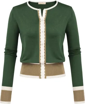 Women's Cardigan Sweater Color Block Long Sleeve Crew Neck Knit Cardigan Trendy Cropped Cardigan Shrug