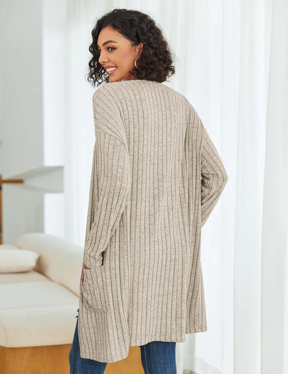 Womens Cardigan Sweater Lightweigh Long Sleeve Open Front Knit Oversized Cardigans with Pockets Trendy Spring Tops