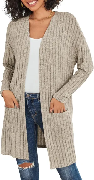 Womens Cardigan Sweater Lightweigh Long Sleeve Open Front Knit Oversized Cardigans with Pockets Trendy Spring Tops