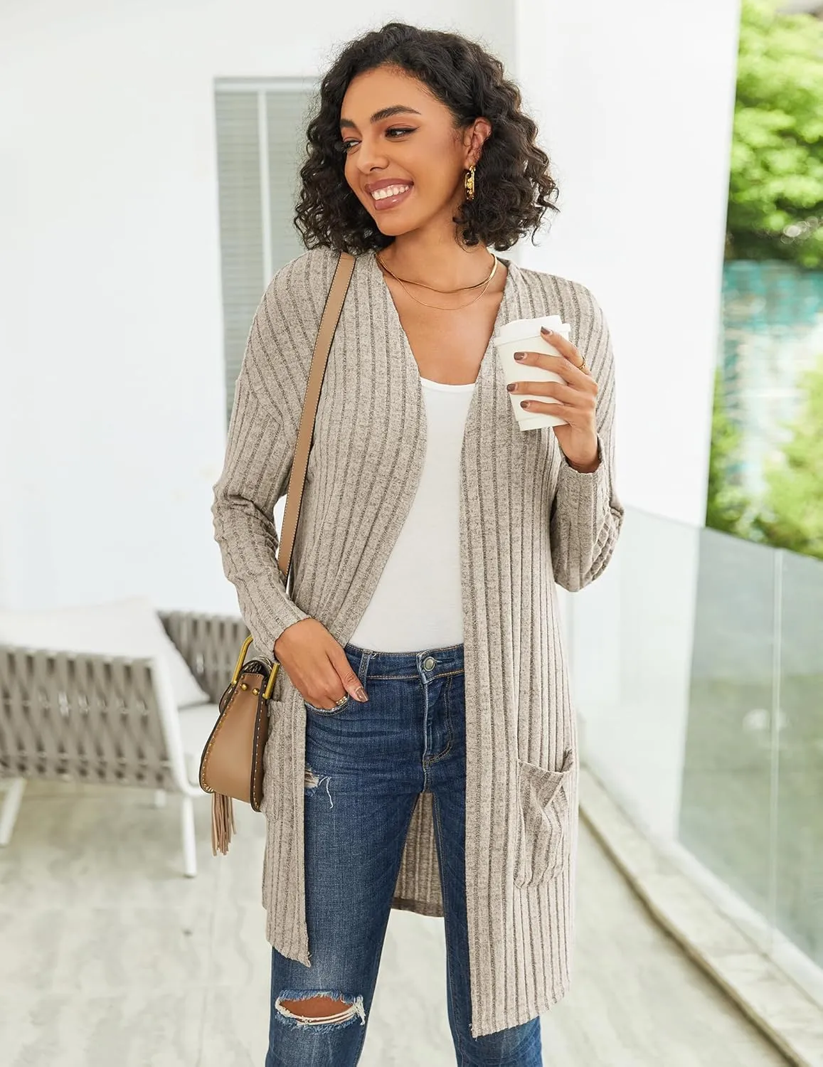 Womens Cardigan Sweater Lightweigh Long Sleeve Open Front Knit Oversized Cardigans with Pockets Trendy Spring Tops