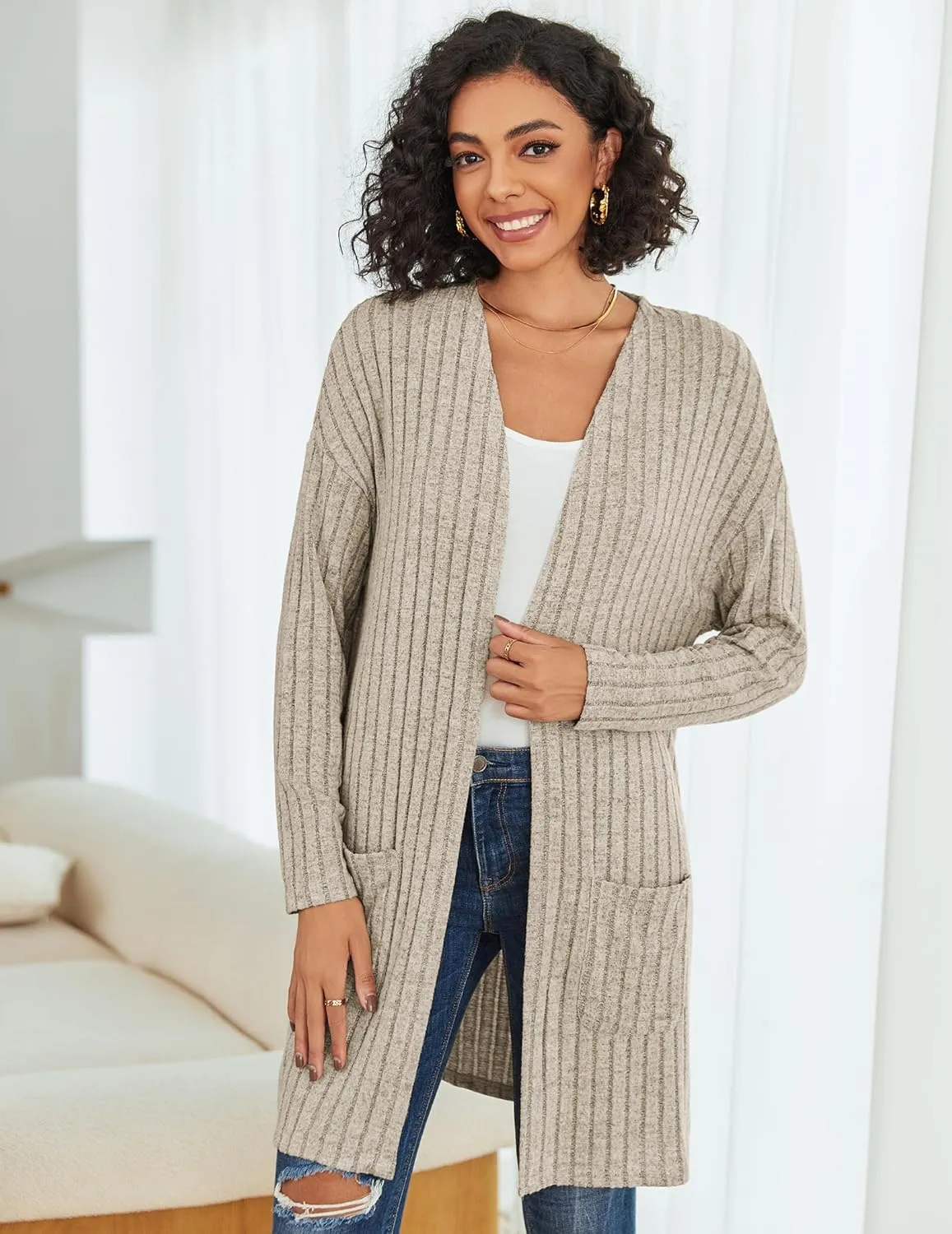 Womens Cardigan Sweater Lightweigh Long Sleeve Open Front Knit Oversized Cardigans with Pockets Trendy Spring Tops