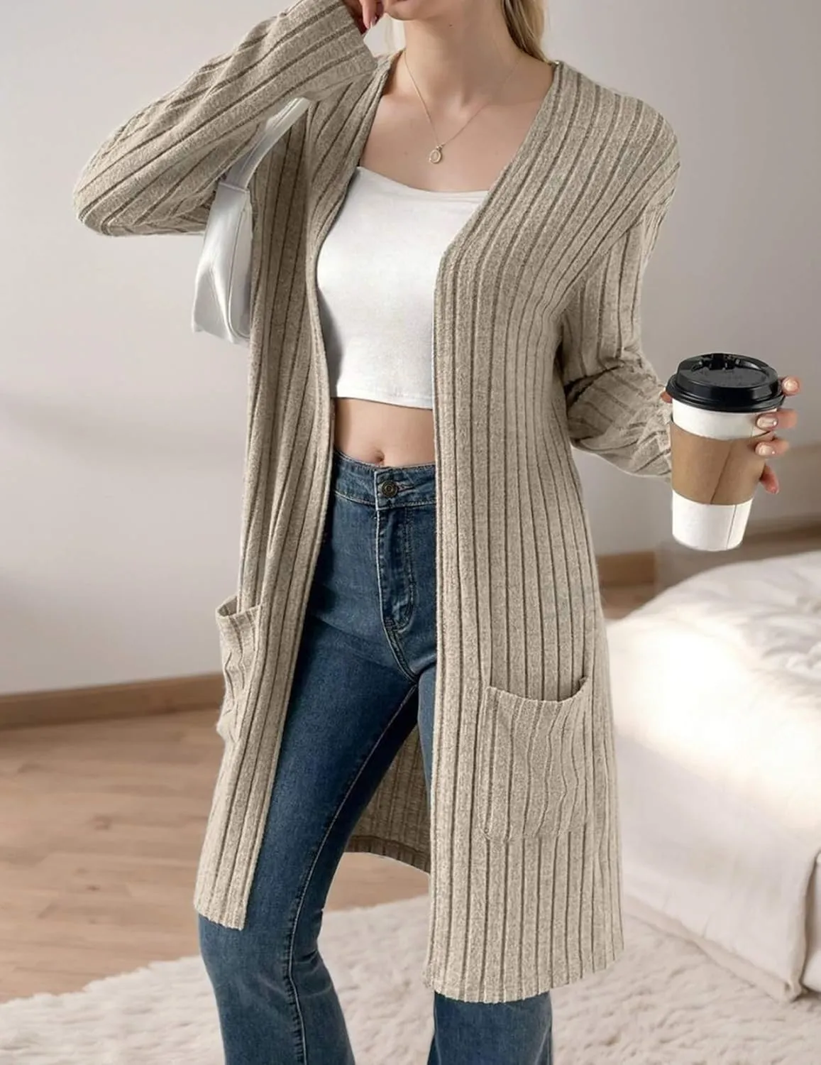 Womens Cardigan Sweater Lightweigh Long Sleeve Open Front Knit Oversized Cardigans with Pockets Trendy Spring Tops