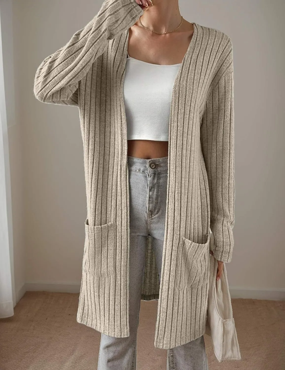 Womens Cardigan Sweater Lightweigh Long Sleeve Open Front Knit Oversized Cardigans with Pockets Trendy Spring Tops