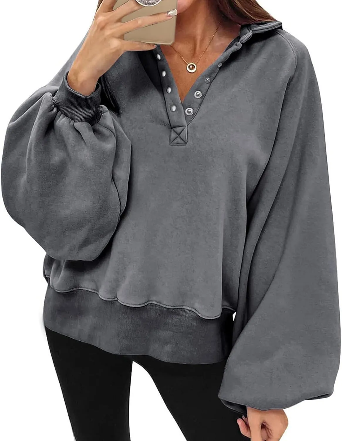 Womens Casual Button v Neck Hoodies Oversized Long Sleeve Hooded Pullover Sweatshirt Tops Fall Fashion Clothes 2023