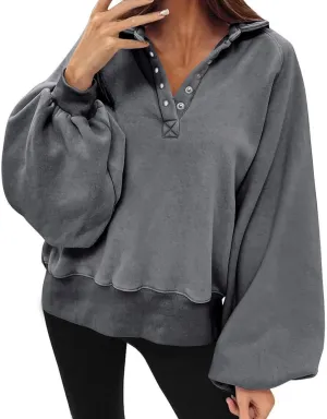 Womens Casual Button v Neck Hoodies Oversized Long Sleeve Hooded Pullover Sweatshirt Tops Fall Fashion Clothes 2023