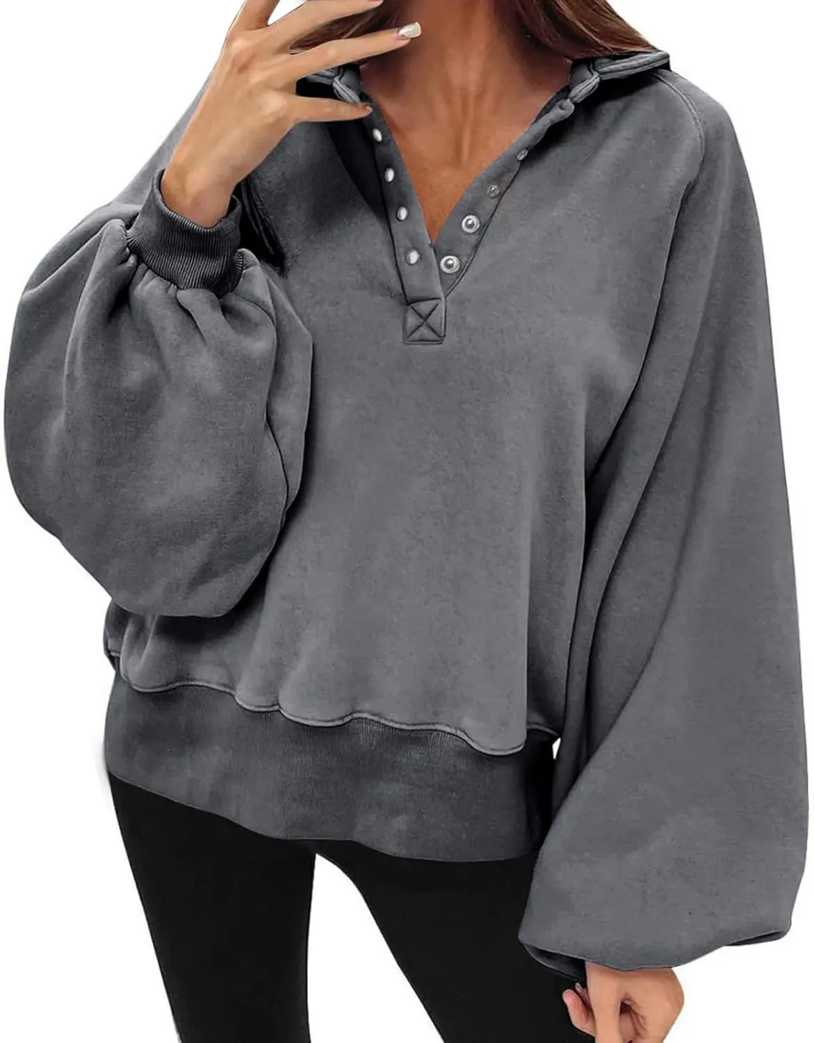 Womens Casual Button v Neck Hoodies Oversized Long Sleeve Hooded Pullover Sweatshirt Tops Fall Fashion Clothes 2023