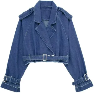 Women's Casual Lapel Short Denim Trench Jacket Cropped Pea Coat Crop Long Sleeve Jean Jackets Coats Outwear with Belt