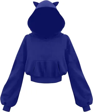 Womens Cat Ear Hoodie Sweatshirt Long Sleeve Sweater Oversized Off Shoulder Cute Funny Crop Top Hoodies Pullover