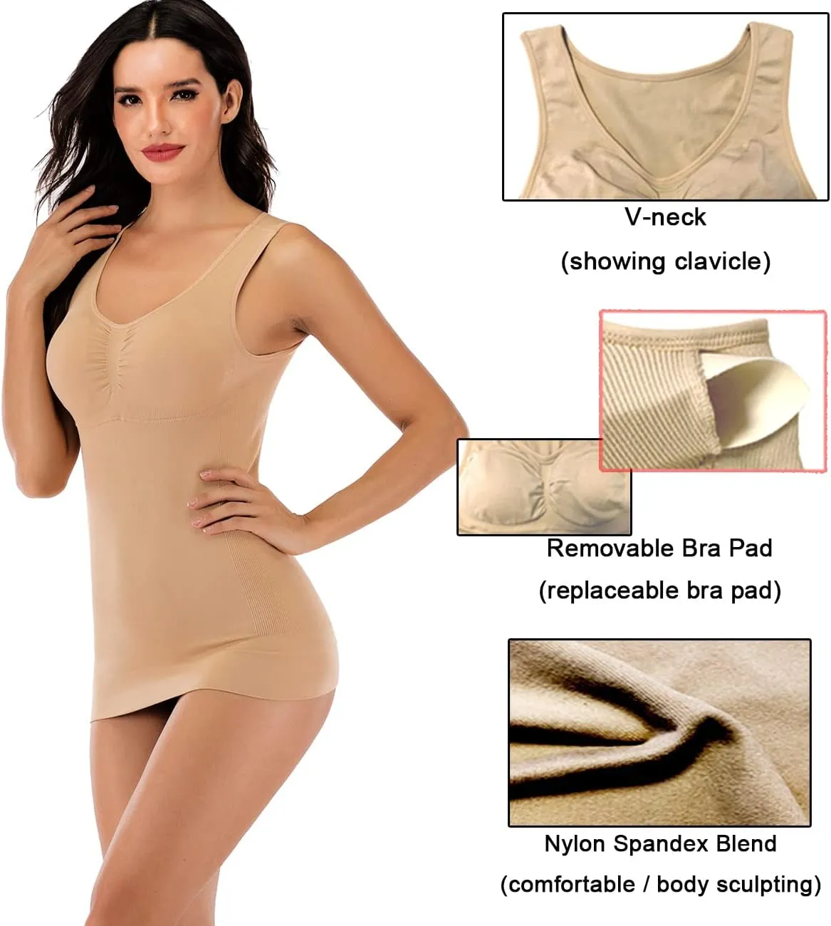 Women's Compression Camisole with Built in Removable Bra Pads Body Shaper Tank Top