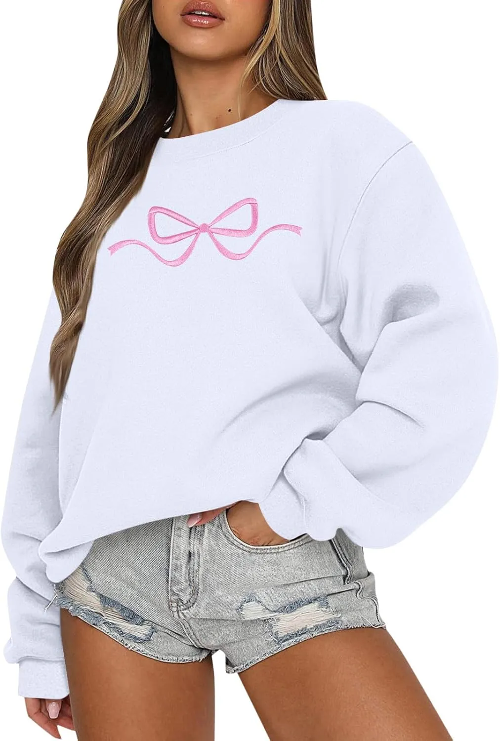 Womens Coquette Bow Sweatshirt - Embroidered Pink Bow Crewneck Pullover, Fall Clean Girl Style