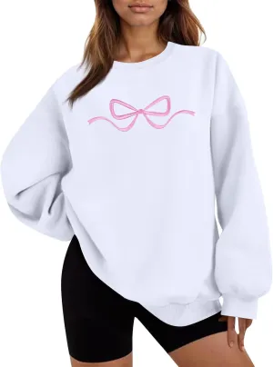 Womens Coquette Bow Sweatshirt - Embroidered Pink Bow Crewneck Pullover, Fall Clean Girl Style