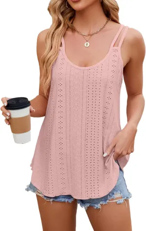 Women's Cute Tank Tops Eyelet Sleeveless Spaghetti Strap Scoop Neck Loose Casual Flowy Shirts