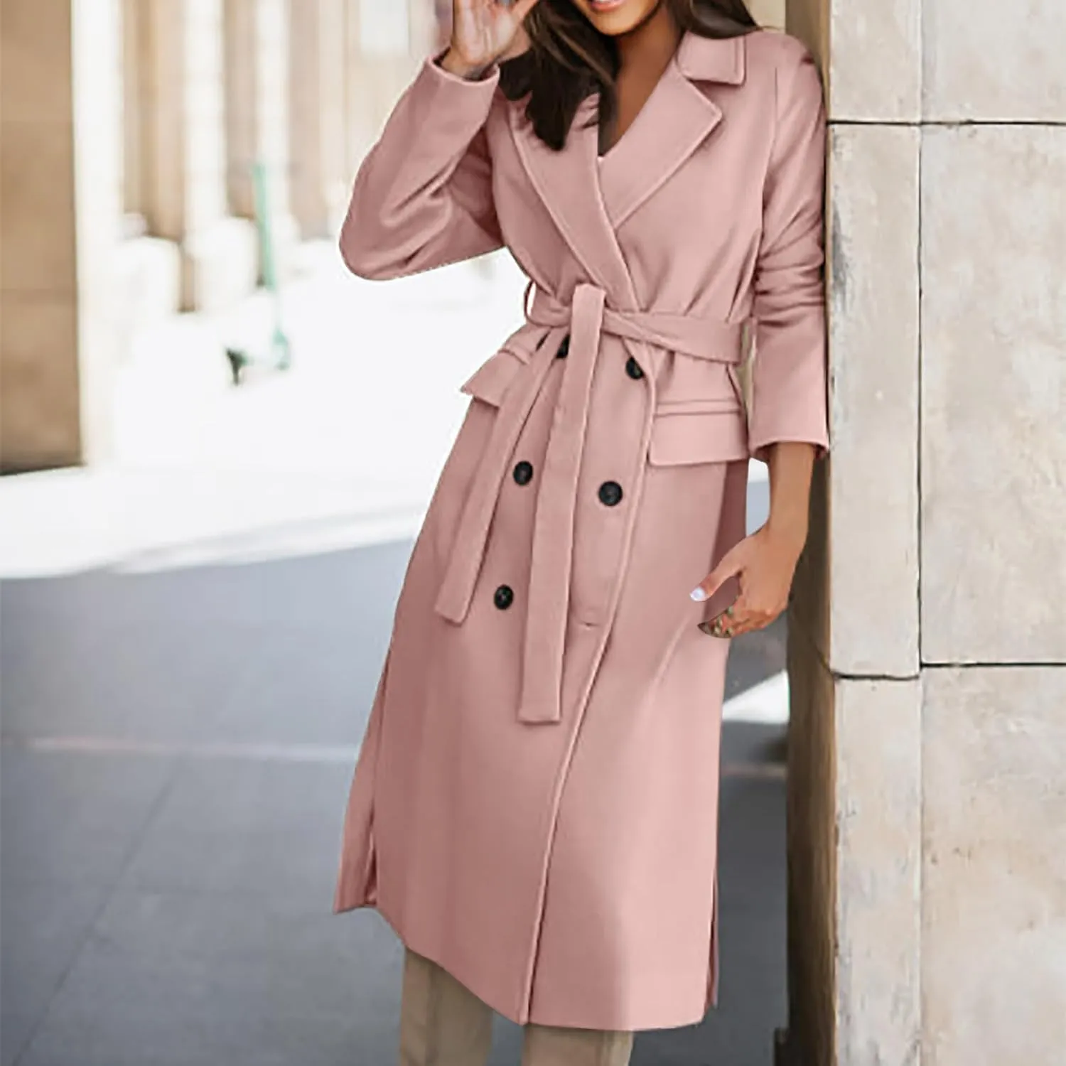 Women's Double Breasted Long Trench Coat Belted Notch Lapel Overcoat Windproof Classic Outerwear Warm Winter Pea Coats