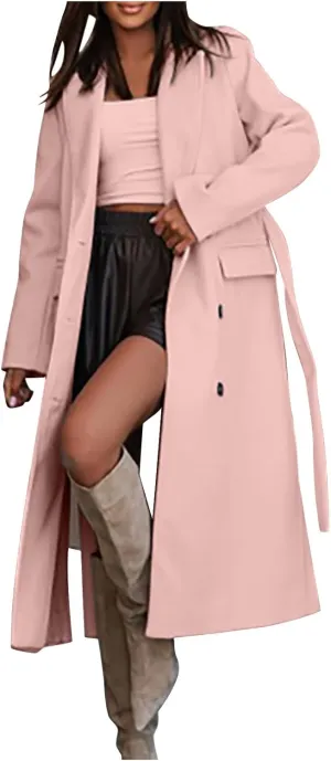 Women's Double Breasted Long Trench Coat Belted Notch Lapel Overcoat Windproof Classic Outerwear Warm Winter Pea Coats