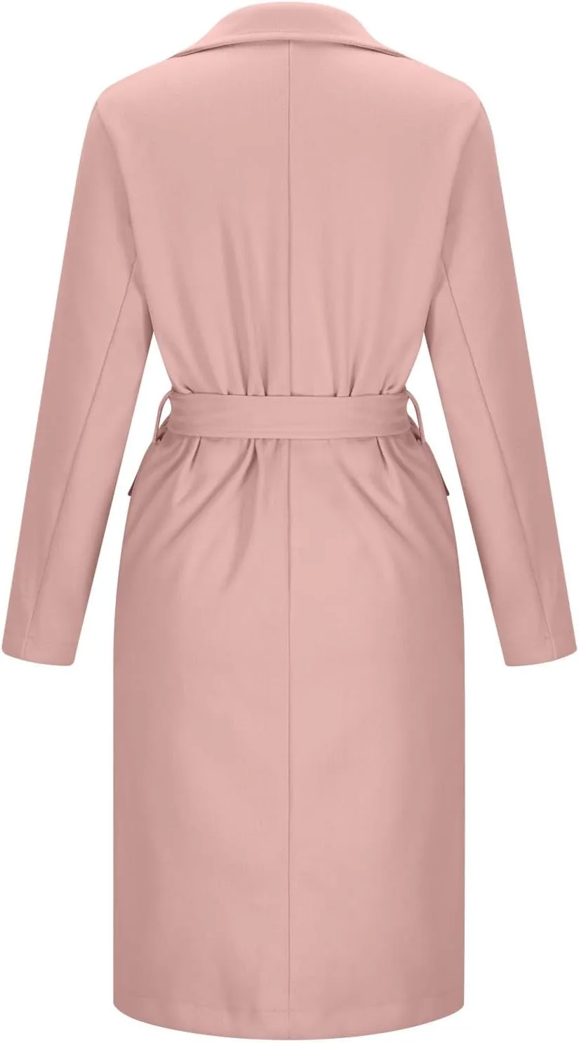 Women's Double Breasted Long Trench Coat Belted Notch Lapel Overcoat Windproof Classic Outerwear Warm Winter Pea Coats