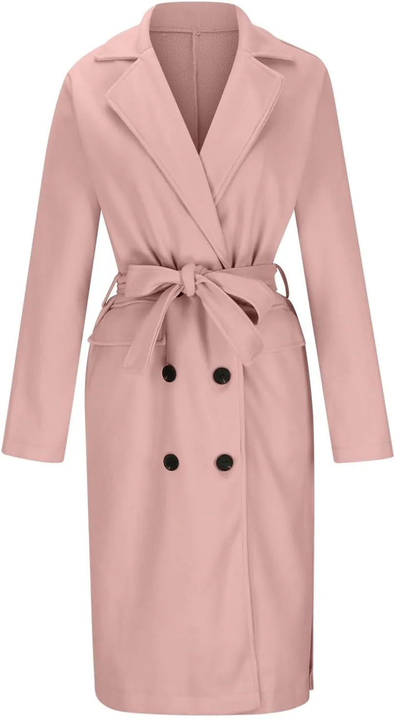 Women's Double Breasted Long Trench Coat Belted Notch Lapel Overcoat Windproof Classic Outerwear Warm Winter Pea Coats