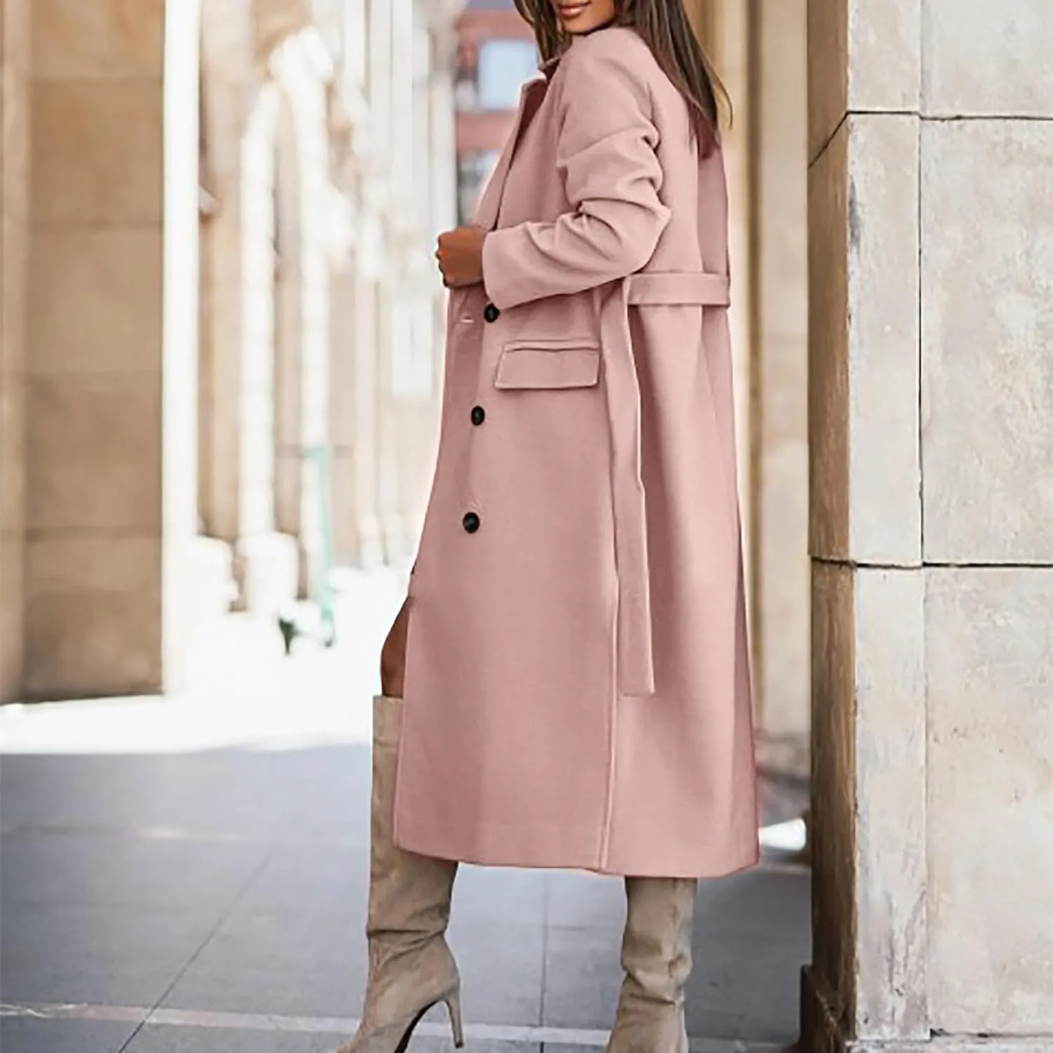 Women's Double Breasted Long Trench Coat Belted Notch Lapel Overcoat Windproof Classic Outerwear Warm Winter Pea Coats