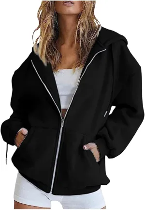 Women's Drawstring Zip Up Cute Hoodies Fall Jacket Oversized Casual Sweatshirts with Pocket 2025 Trendy