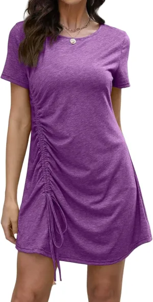 Womens Dresses Crew Neck Short Sleeve Mini Sundress Ruffle Pleated Dress Drawstring Trendy Dressy Dresses 2025