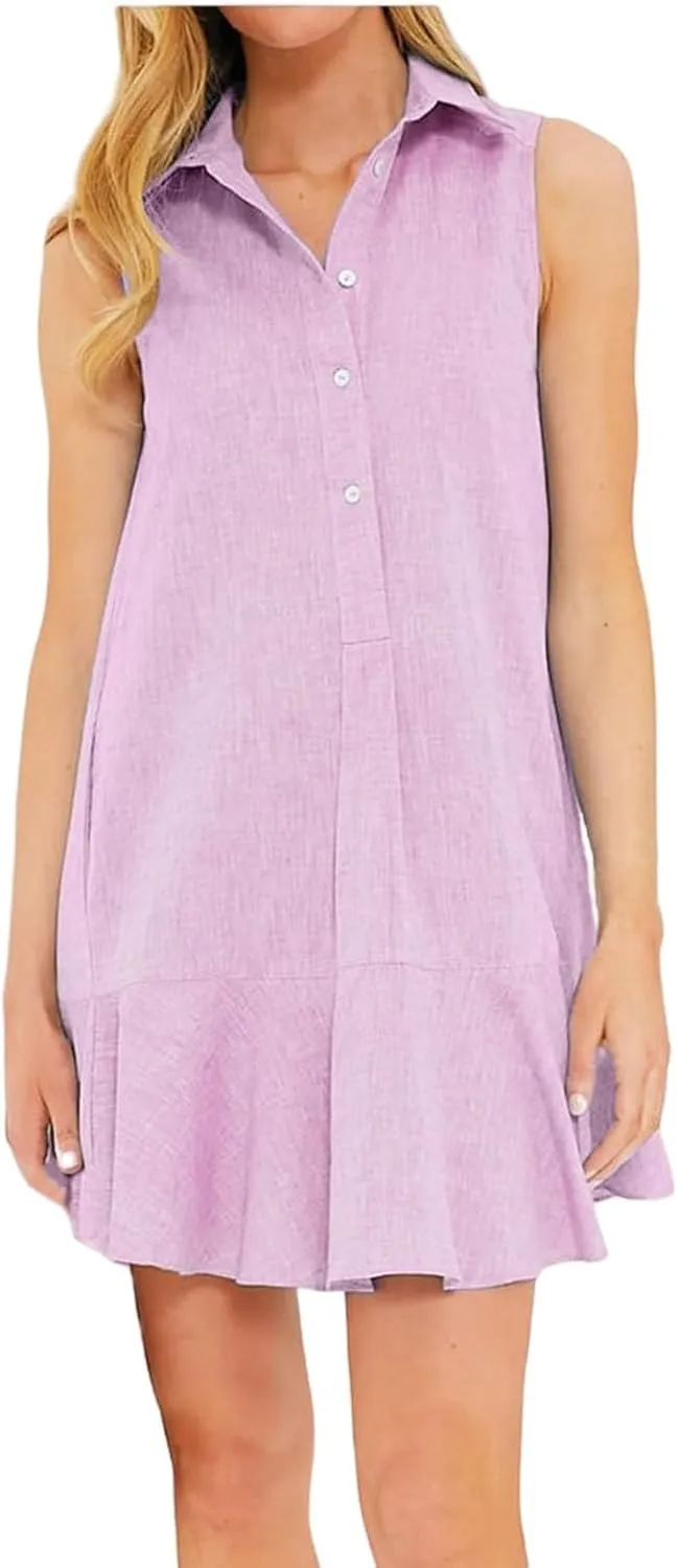 Womens Dresses Summer Loose Fit Dress Sleeveless Collared Button Down Mini Dress Ruffle Hem Dresses 2025