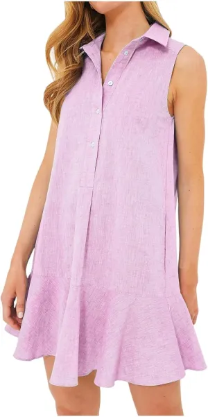 Womens Dresses Summer Loose Fit Dress Sleeveless Collared Button Down Mini Dress Ruffle Hem Dresses 2025