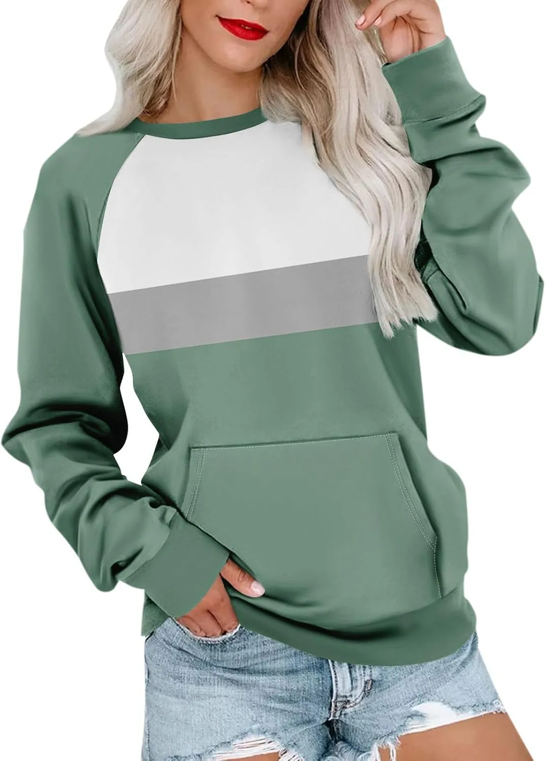 Women's Fashion Sweatshirt 2024 Casual Loose Splicing Color Block Hoodless Wide Hem Long Sleeve Fall outfits Clothes