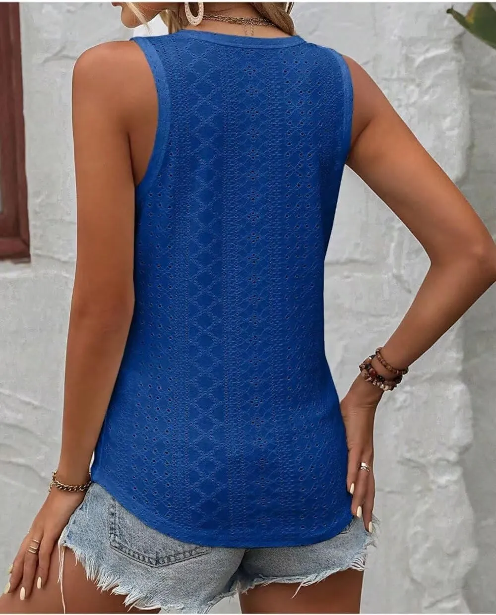 Womens Fashion Tank Tops Solid Color Hollow Tops Summer Casual Loose Flowy Shirt Tanks Vest Vacation Sleeveless Shirts