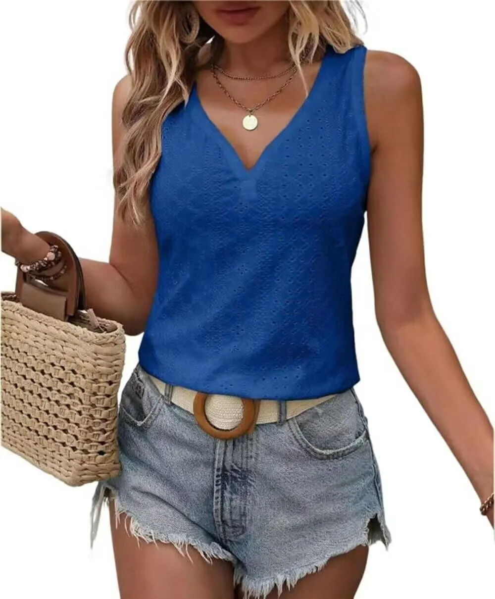 Womens Fashion Tank Tops Solid Color Hollow Tops Summer Casual Loose Flowy Shirt Tanks Vest Vacation Sleeveless Shirts