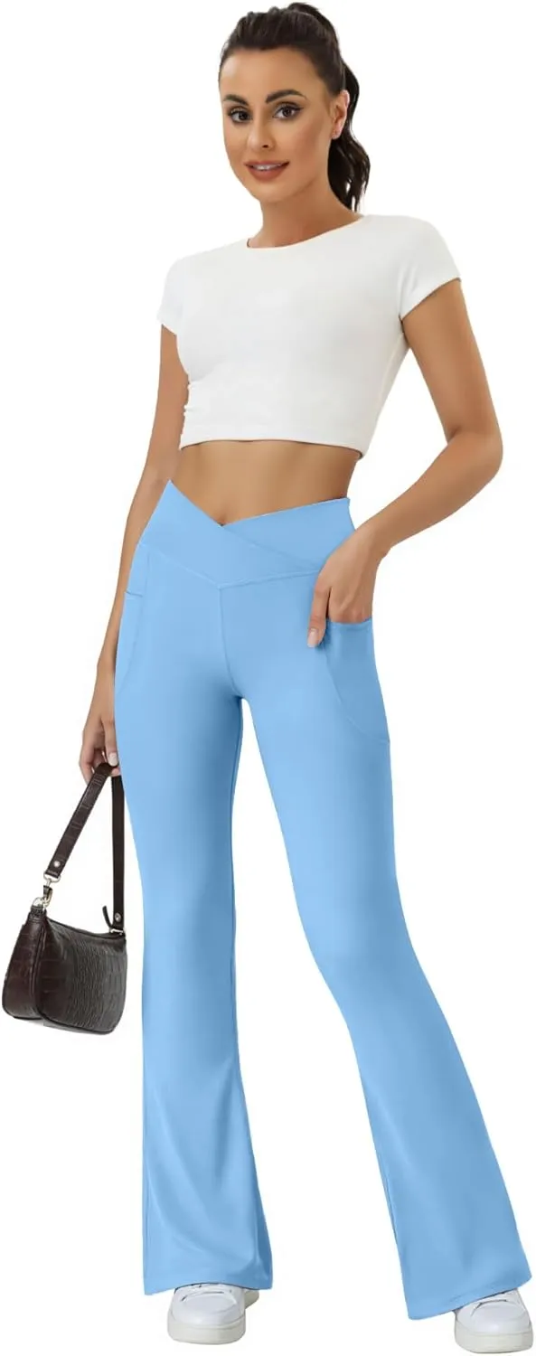 Women's Flare Yoga Pants with Pockets-V Crossover High Waisted Bootcut Yoga Leggings-Flare Workout Gym Leggings