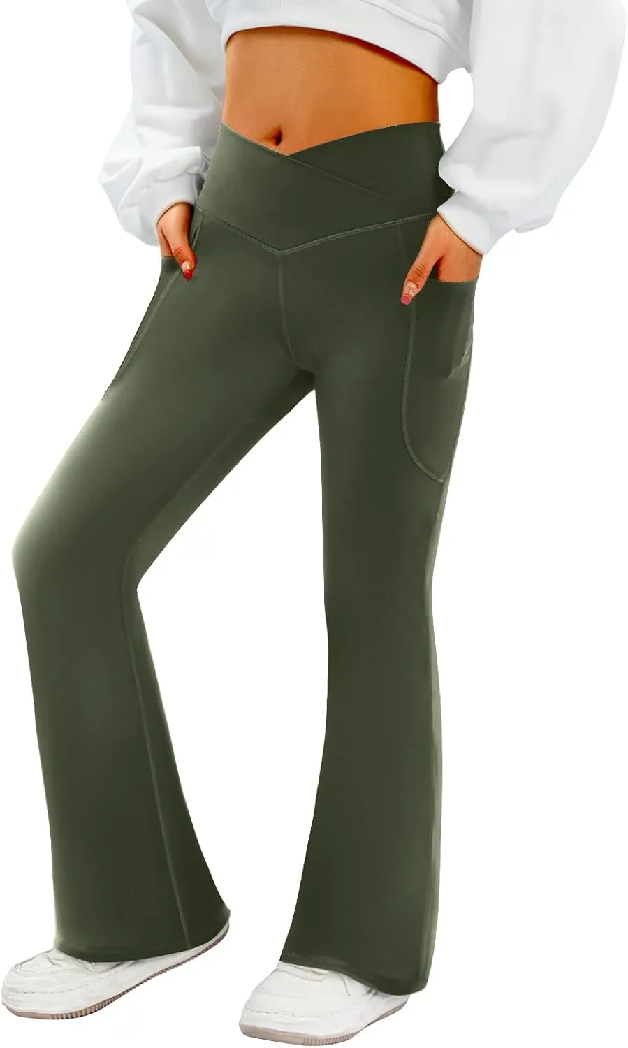 Women's Flare Yoga Pants with Pockets-V Crossover High Waisted Bootcut Yoga Leggings-Flare Workout Gym Leggings