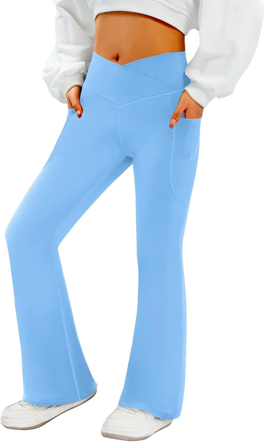 Women's Flare Yoga Pants with Pockets-V Crossover High Waisted Bootcut Yoga Leggings-Flare Workout Gym Leggings