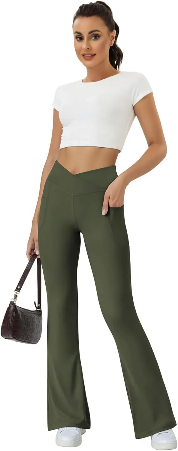 Women's Flare Yoga Pants with Pockets-V Crossover High Waisted Bootcut Yoga Leggings-Flare Workout Gym Leggings