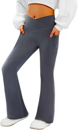 Women's Flare Yoga Pants with Pockets-V Crossover High Waisted Bootcut Yoga Leggings-Flare Workout Gym Leggings