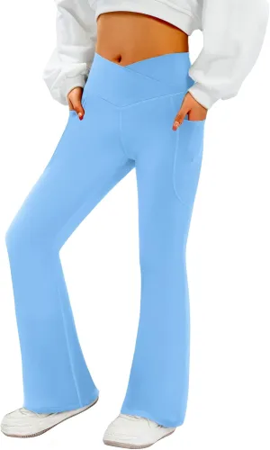 Women's Flare Yoga Pants with Pockets-V Crossover High Waisted Bootcut Yoga Leggings-Flare Workout Gym Leggings