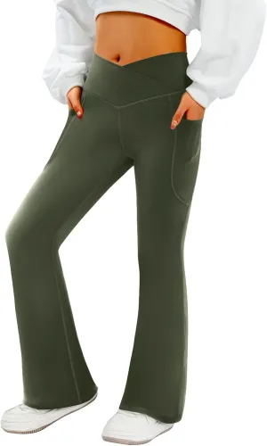 Women's Flare Yoga Pants with Pockets-V Crossover High Waisted Bootcut Yoga Leggings-Flare Workout Gym Leggings