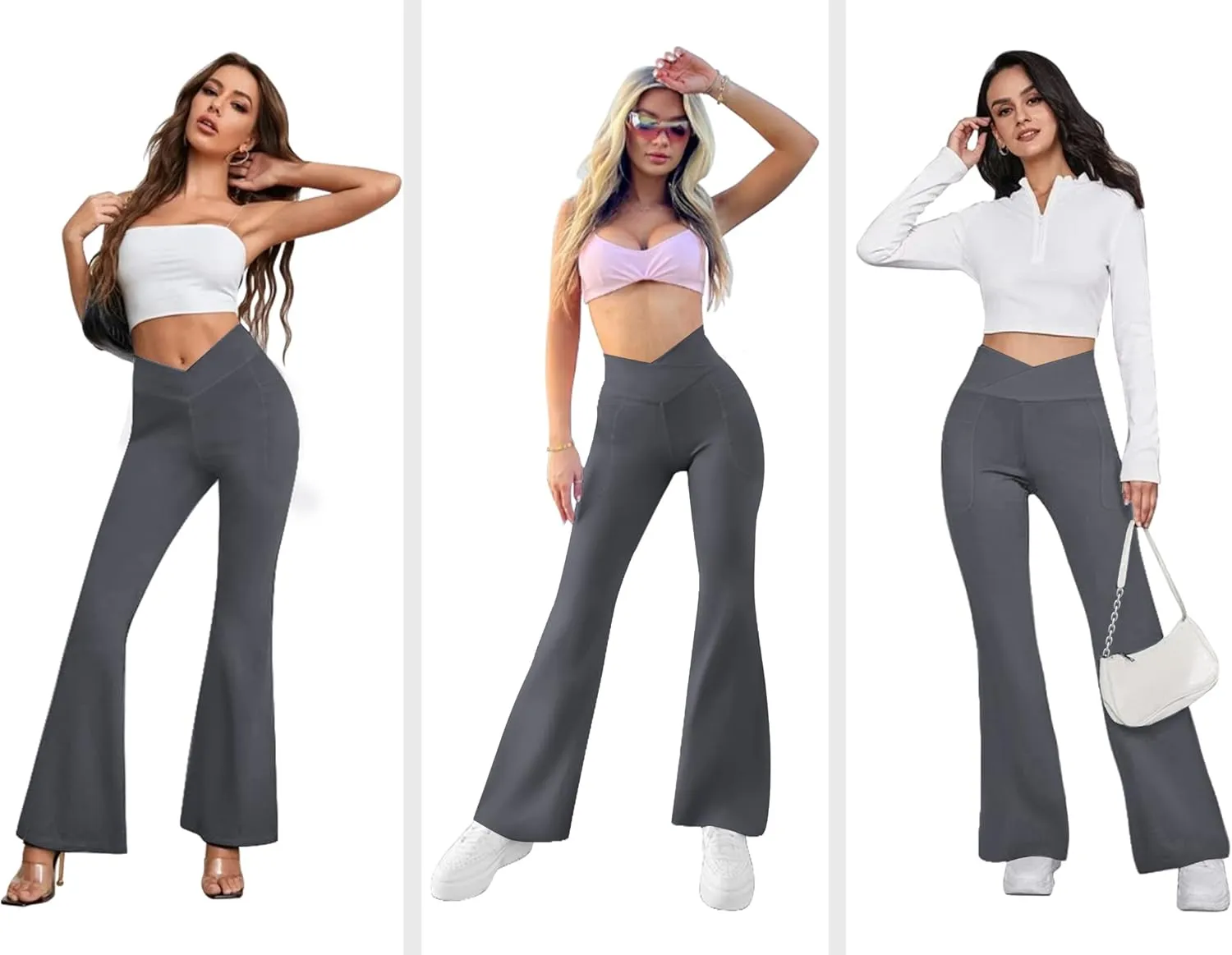 Women's Flare Yoga Pants with Pockets-V Crossover High Waisted Bootcut Yoga Leggings-Flare Workout Gym Leggings