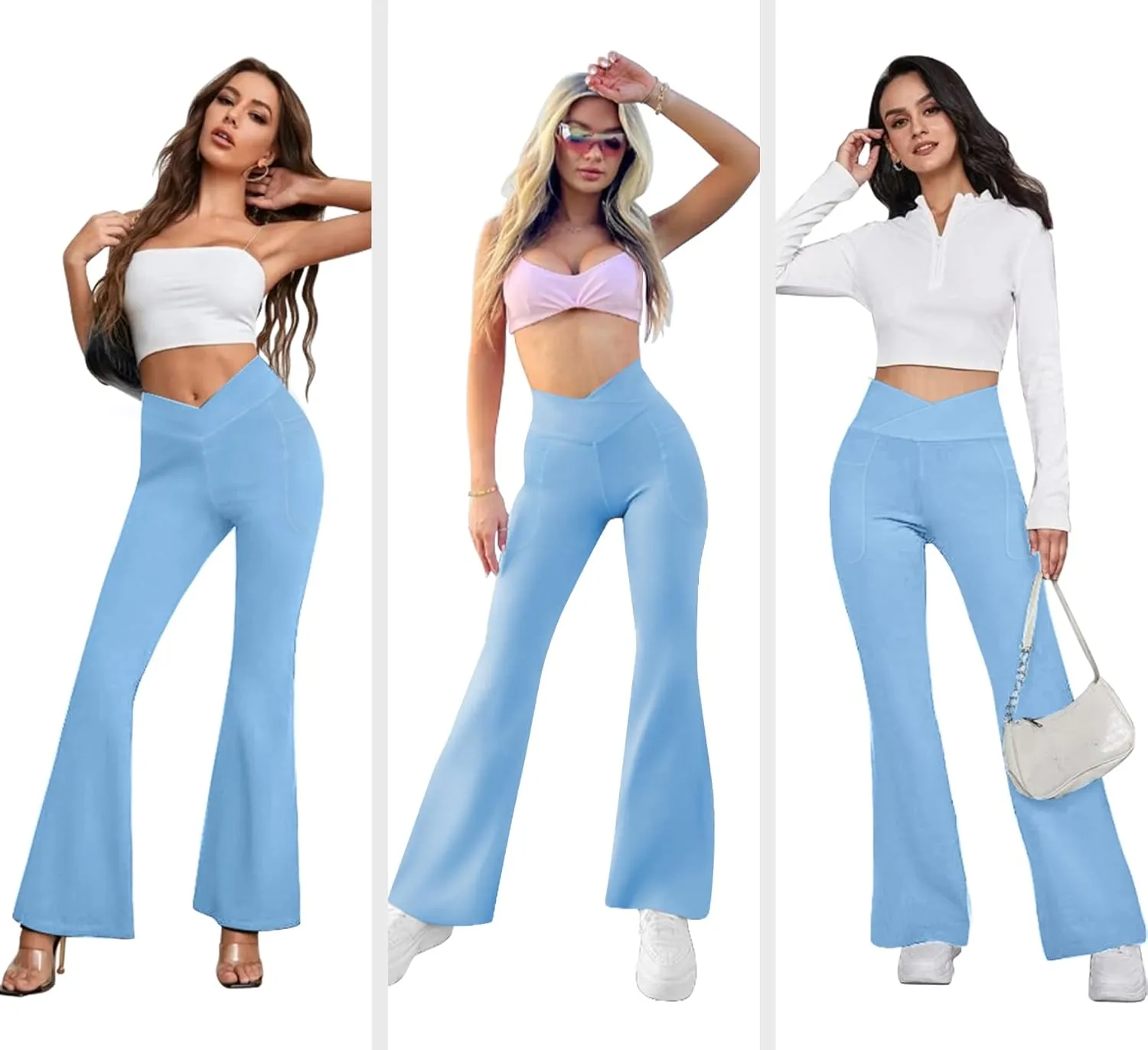 Women's Flare Yoga Pants with Pockets-V Crossover High Waisted Bootcut Yoga Leggings-Flare Workout Gym Leggings