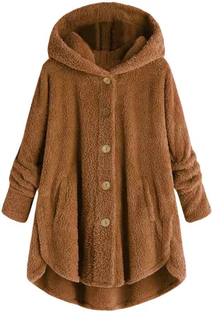 Womens Fleece Jackets Winter Hooded Coats 2024 Trendy Oversized Button Down Cardigan Sweater Warm Sweatshirt with Pocket