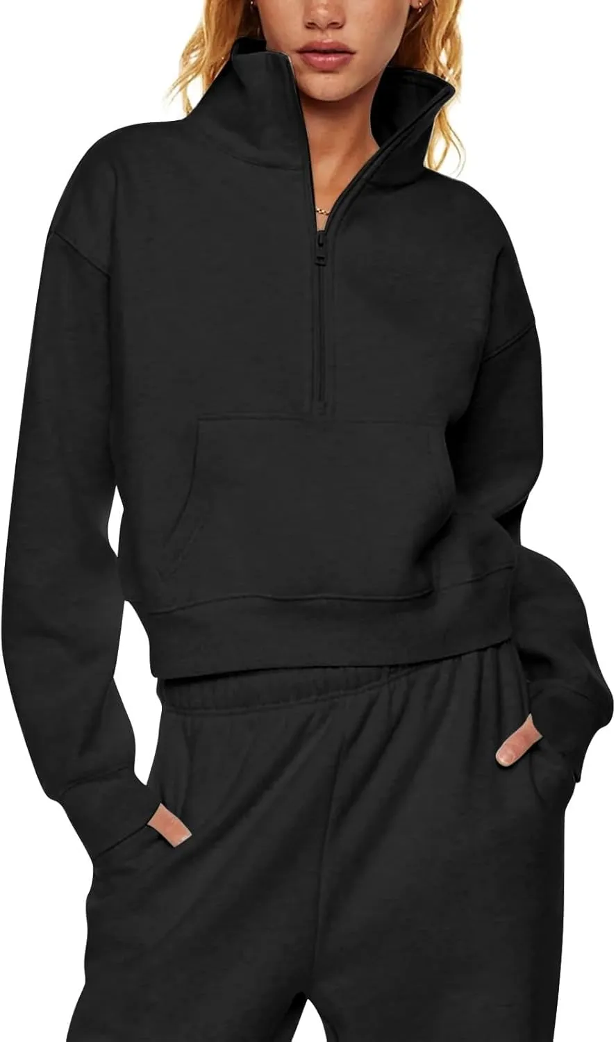 Womens Half Zip Pullover Cropped Oversized Sweatshirt Y2k Fleece Sweater Stand Collar Preppy Clothes with Thumb Holes