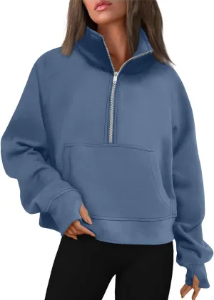 Womens Half Zip Pullover Cropped Oversized Sweatshirt Y2k Fleece Sweater Stand Collar Preppy Clothes with Thumb Holes