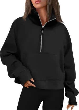 Womens Half Zip Pullover Cropped Oversized Sweatshirt Y2k Fleece Sweater Stand Collar Preppy Clothes with Thumb Holes