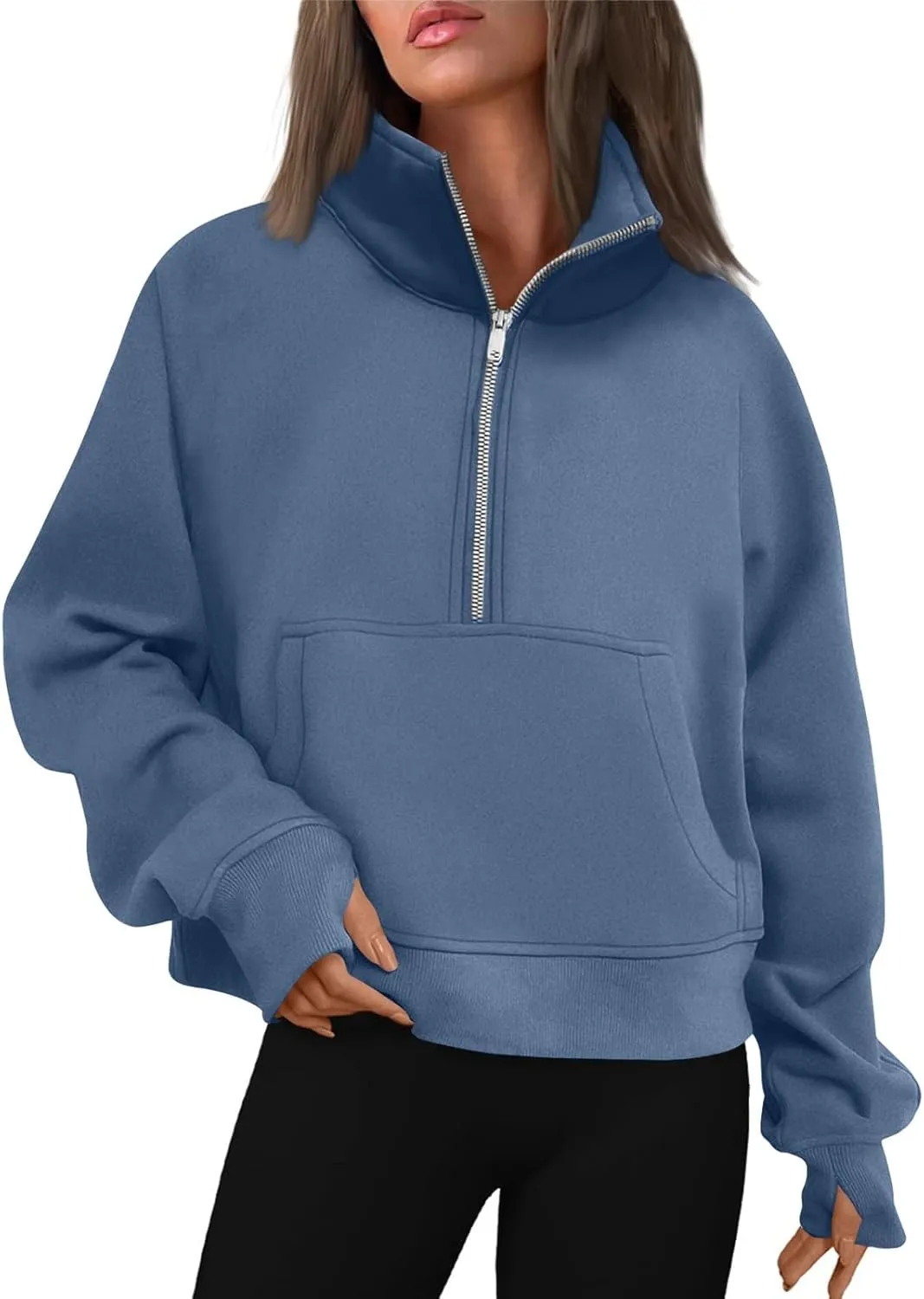 Womens Half Zip Pullover Cropped Oversized Sweatshirt Y2k Fleece Sweater Stand Collar Preppy Clothes with Thumb Holes