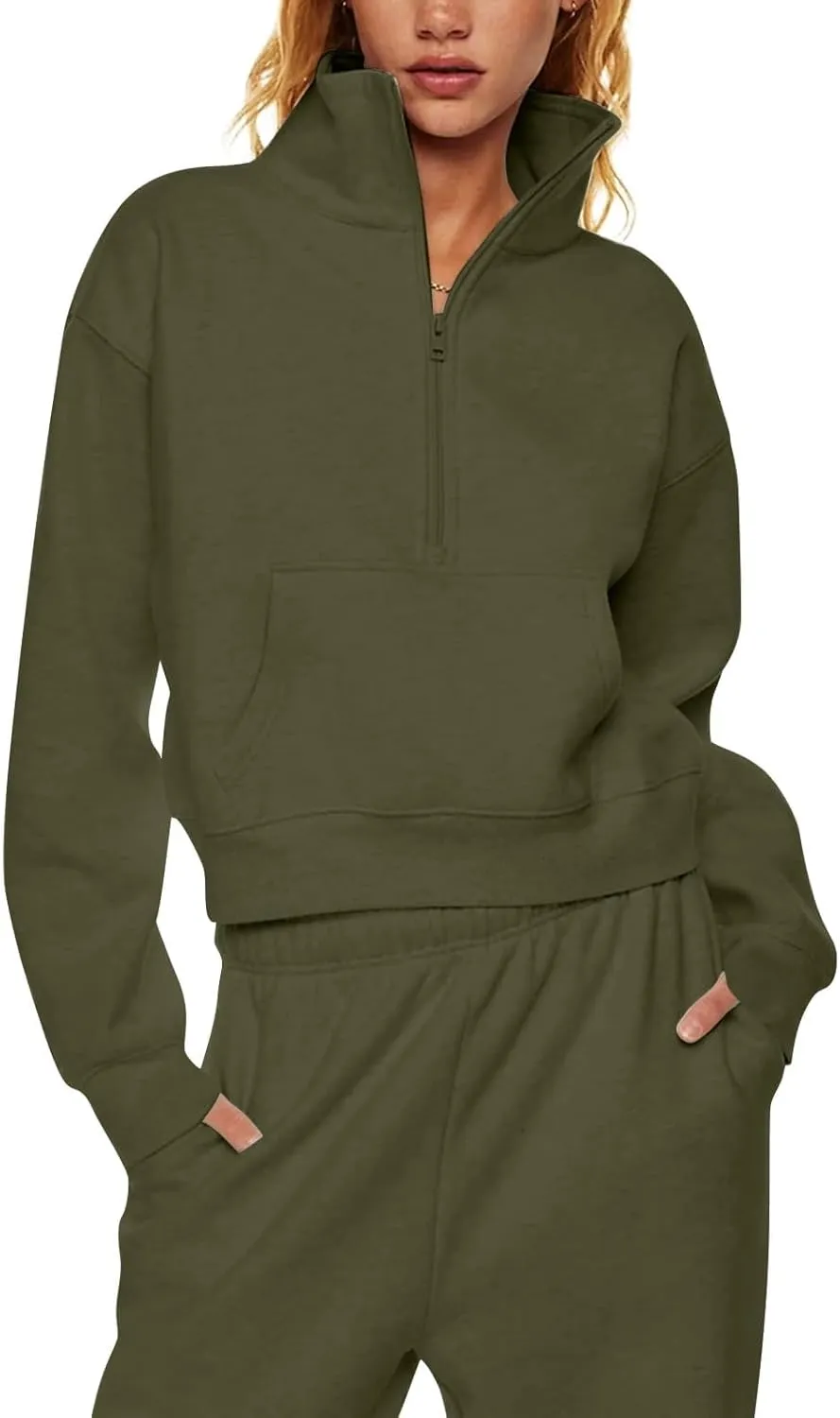 Womens Half Zip Pullover Cropped Oversized Sweatshirt Y2k Fleece Sweater Stand Collar Preppy Clothes with Thumb Holes