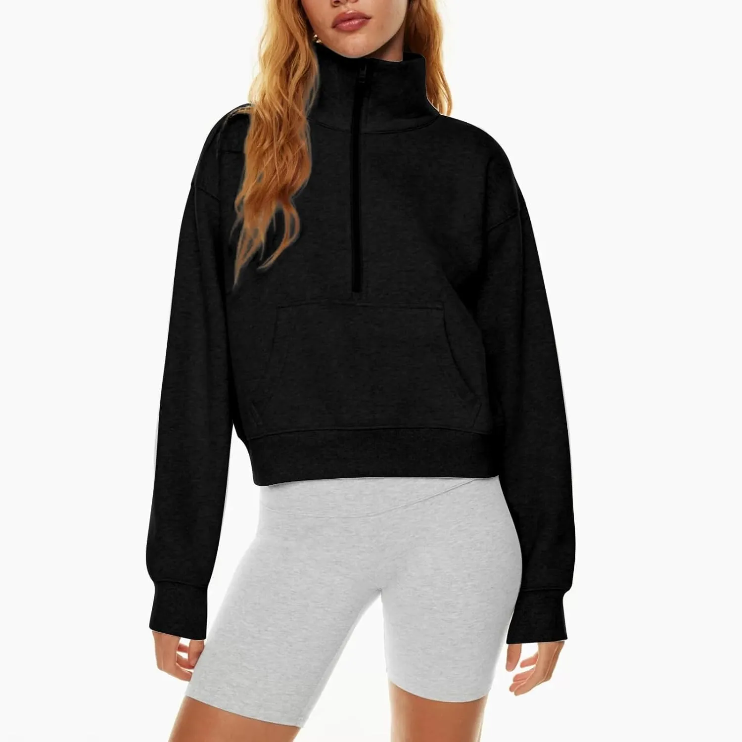 Womens Half Zip Pullover Cropped Oversized Sweatshirt Y2k Fleece Sweater Stand Collar Preppy Clothes with Thumb Holes