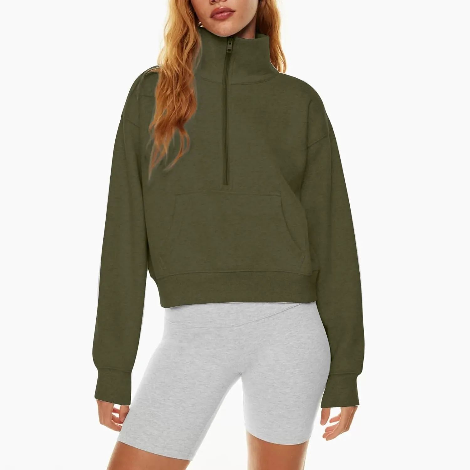 Womens Half Zip Pullover Cropped Oversized Sweatshirt Y2k Fleece Sweater Stand Collar Preppy Clothes with Thumb Holes